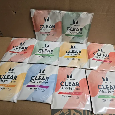APPROXIMATELY 10 MYPROTEIN CLEAR WHEY PROTEIN SINGLE USE POUCHES TO INCLUDE FLAVOURS SUCH AS WATERMELON, PINEAPPLE, MOJITO, ETC
