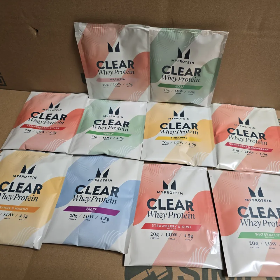 APPROXIMATELY 10 MYPROTEIN CLEAR WHEY PROTEIN SINGLE USE POUCHES TO INCLUDE FLAVOURS SUCH AS WATERMELON, PINEAPPLE, MOJITO, ETC