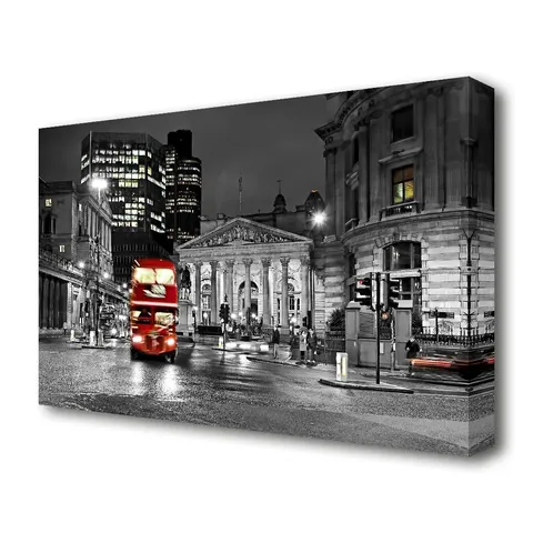 WRAPPED RED BUS IN THE HEART OF THE CITY OF LONDON - NO FRAME PRINT ON CANVAS