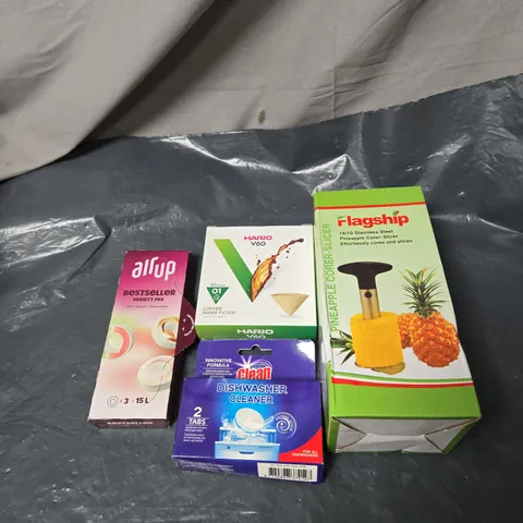 APPROXIMATELY 15 ASSORTED ITEMS TO INCLUDE FLAGSHIP PINEAPPLE CORE SLICER, DISHWASHER TABLETS, AIR UP, COFFEE PAPER FILTER ETC