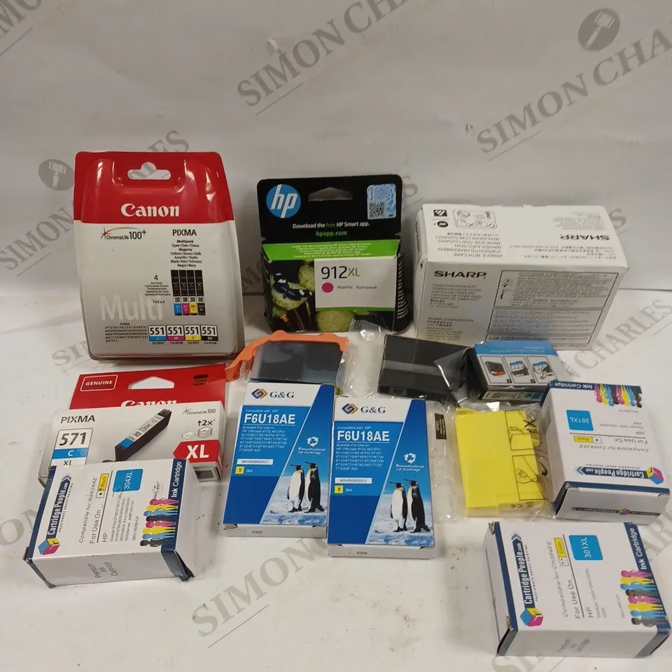 BOX TO CONTAIN APPROX. 30 X ASSORTED INK CARTRIDGES. COLOURS & BRANDS VARY 