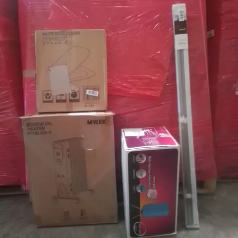 PALLET OF ASSORTED HOUSEHOLD GOODS AND FURNITURE TO INCLUDE;MASS DYNAMIC SEAT COVER, MYLEK 2000W OIL HEATER MYBLK2-9, VENETIAN BLINDS ETC