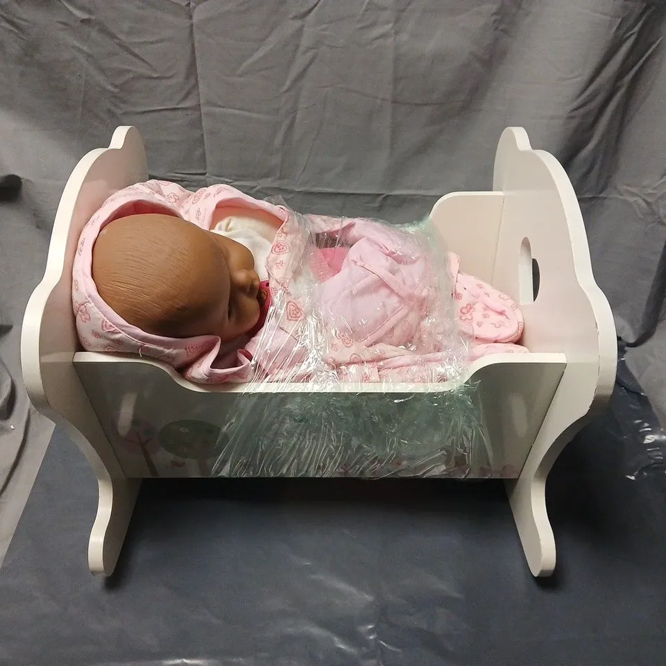DOLL'S CRADLE WITH BABY DOLL – WHITE WOODEN NURSERY FURNITURE (FLORAL & HEART MOTIF)