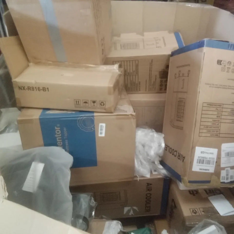 PALLET OF ASSORTED ITEMS INCLUDING AIR COOLER, LIGHTS4FUN LANTERNS, CROYDEX TOILET SEAT, RETRACTABLE SAFETY GATE, SEKEY PARASOL, GRUNTEK SPRINKLER, RABBITGOO WINDOW FILM 
