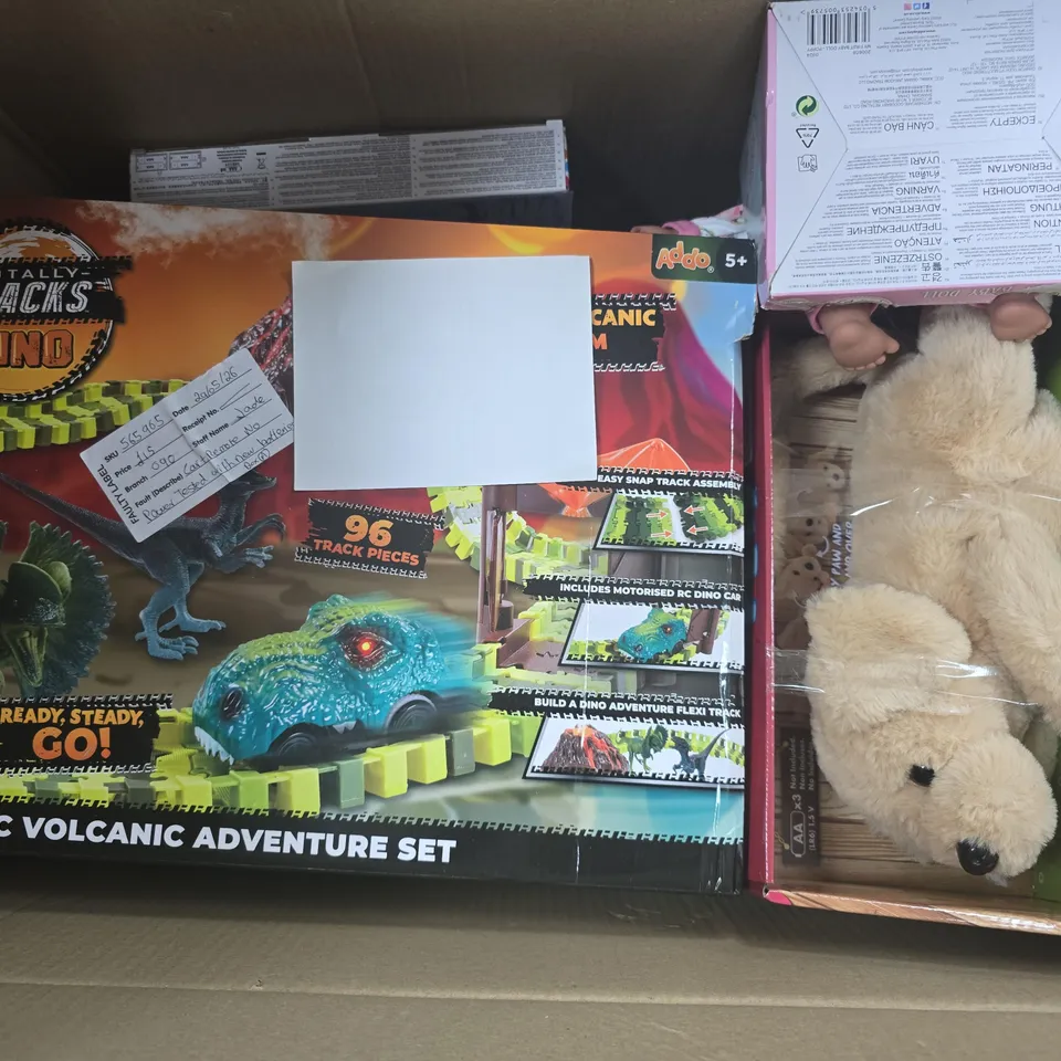 APPROXIMATELY 8 ASSORTED TOYS & GAMES PRODUCTS TO INCLUDE TOTALLY TRACKS DINO, ELC BABY DOLL, ADDO DOG TEDDY, ETC