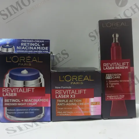 BOX OF 3 ASSORTED L'OREAL PARIS PRODUCTS TO INCLUDE REVITALIFT LASER PRESSED NIGHT CREAM, TRIPLE ACTION ANTI-AGING CREAM, PRECISION EYE CARE CREAM, ETC