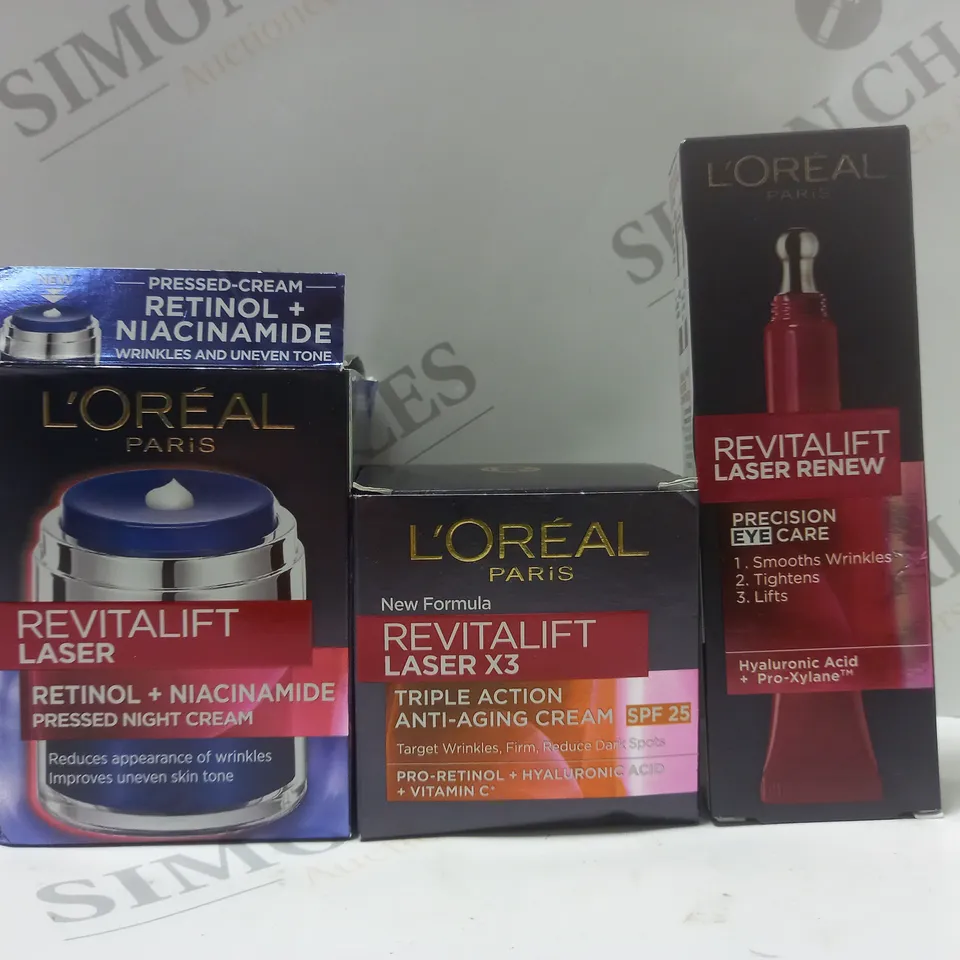BOX OF 3 ASSORTED L'OREAL PARIS PRODUCTS TO INCLUDE REVITALIFT LASER PRESSED NIGHT CREAM, TRIPLE ACTION ANTI-AGING CREAM, PRECISION EYE CARE CREAM, ETC 