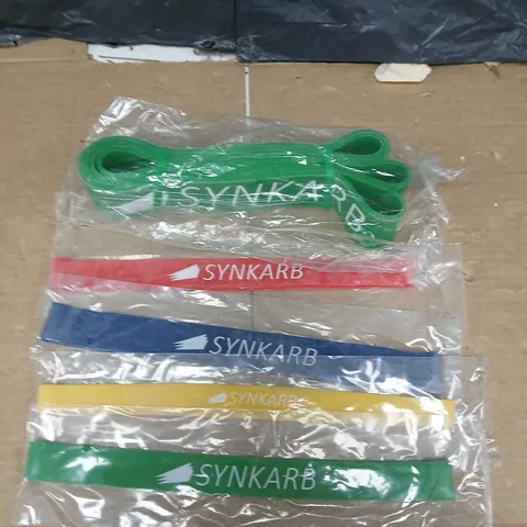 BOX OF APPROXIMATELY 20 SYNKARB RESISTANCE BANDS - VARIOUS COLOURS AND SIZES