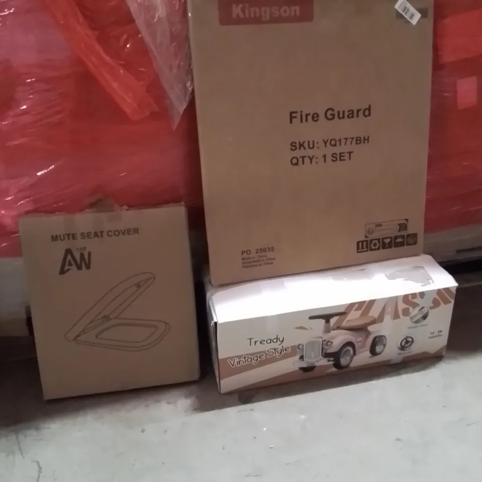 PALLET OF ASSORTED HOUSEHOLD GOODS AND PRODUCTS TO INCLUDE;TOILET SEAT COVER,FIRE GUARD,KIDS CAR