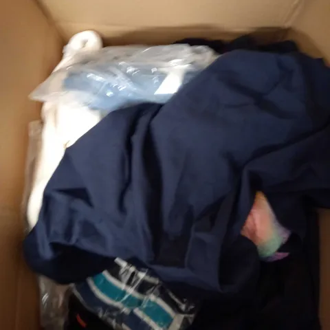 BOX OF ASSORTED CLOTHING ITEMS TOO INCLUDE DRESSES , SHIRTS AND TROUSERS IN VARIOUS SIZES AND COLOURS