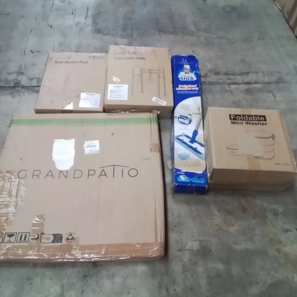 PALLET CONTAINING ASSORTED ITEMS TO INCLUDE: FOLDABLE MINI WASHER, GRAND PATIO COFFEE TABLE, PROFESSIONAL MICROFIBRE MOP, BED ASSIST RAIL, TOILET SAFETY RAILS ECT
