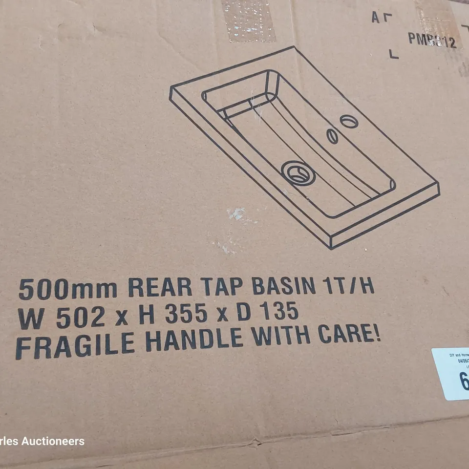 BOXED 500 REAR TAP BASIN W502, H355, D135. WHITE PMB312