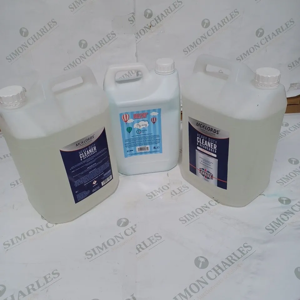 LOT OF 3 ITEMS TO INCLUDE MCKLORDS HEAVY DUTY CLEANER AND DEGREASER - 5L, POZER PET VANITY SALON QUALITY DE-SHEDDING SHAMPOO - 4L, MCKLORDS HEAVY DUTY CLEANER AND DEGREASER - 5L 