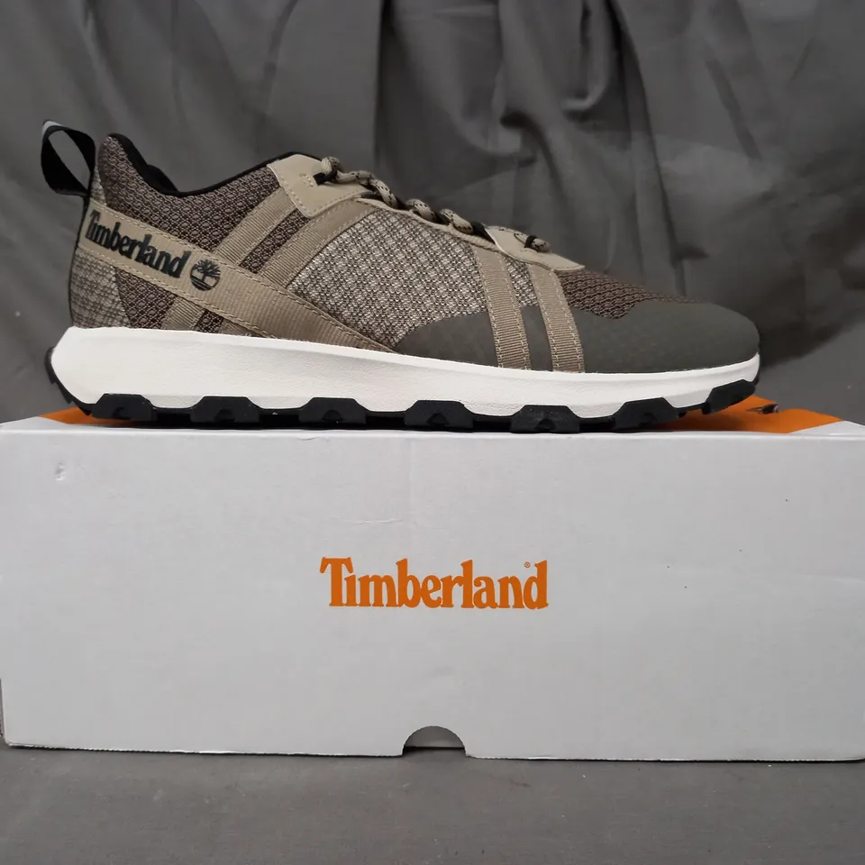 BOXED PAIR OF TIMBERLAND WINSOR TRAIL SHOES IN LIGHT BROWN MESH UK SIZE 9