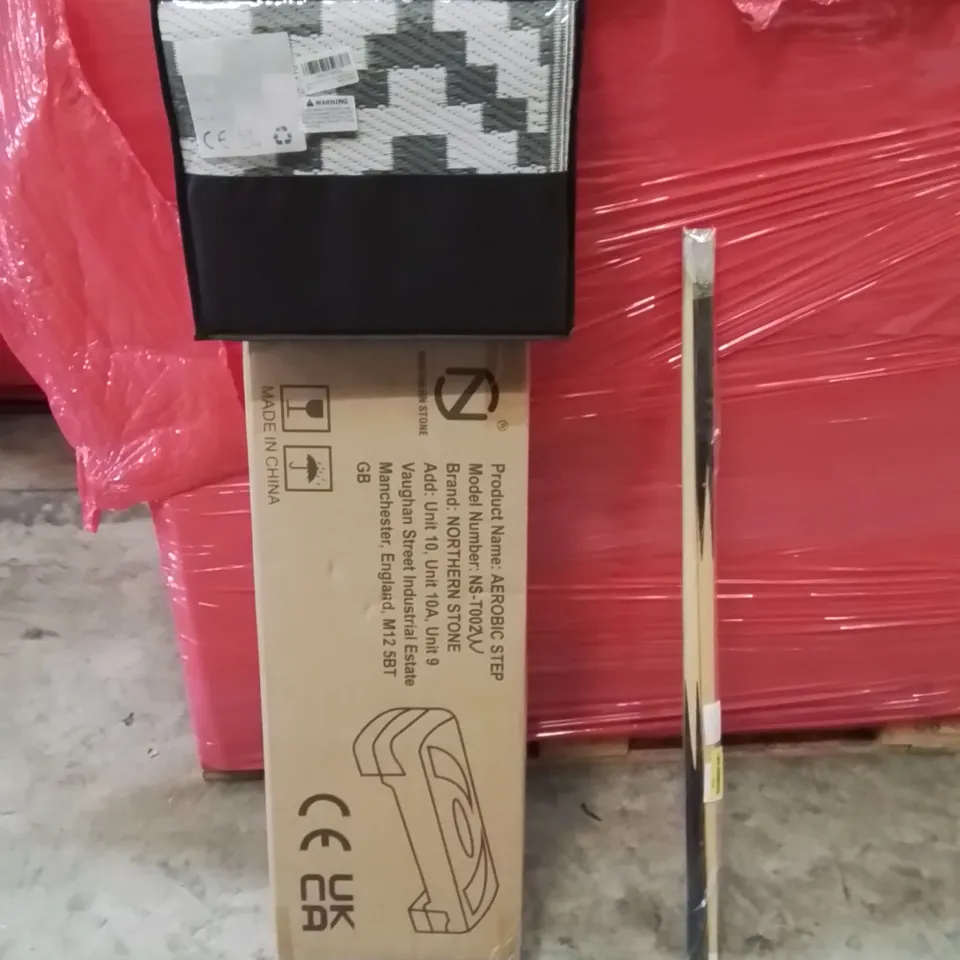 PALLET OF ASSORTED HOUSEHOLD GOODS AND PRODUCTS TO INCLUDE;AEROBIC STEP,LARGE OUTDOOR RUG,POOL CUE