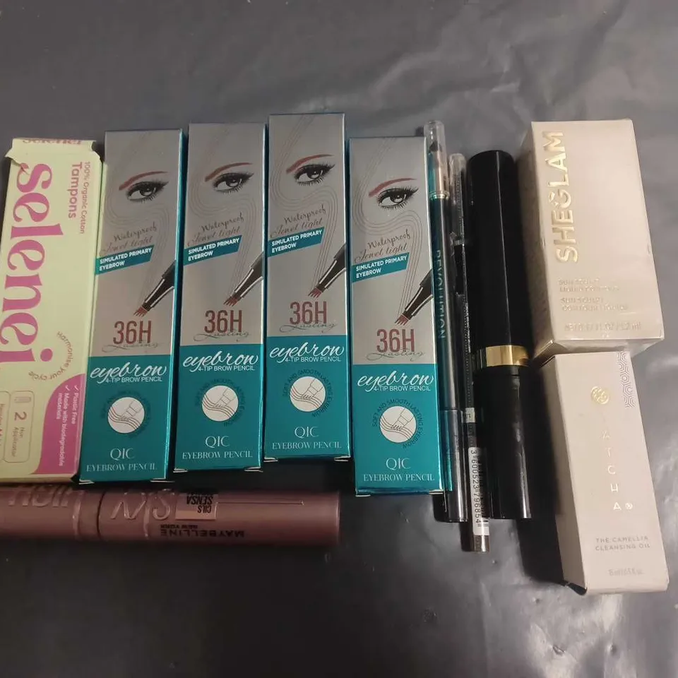 LOT OF 11 ASSORTED HEALTH AND BEAUTY ITEMS TO INCLUDE EYEBROW PENCIL, SHEGLAM LIQUID CONTOUR AND MAYBELLINE LASH SENSATONAL