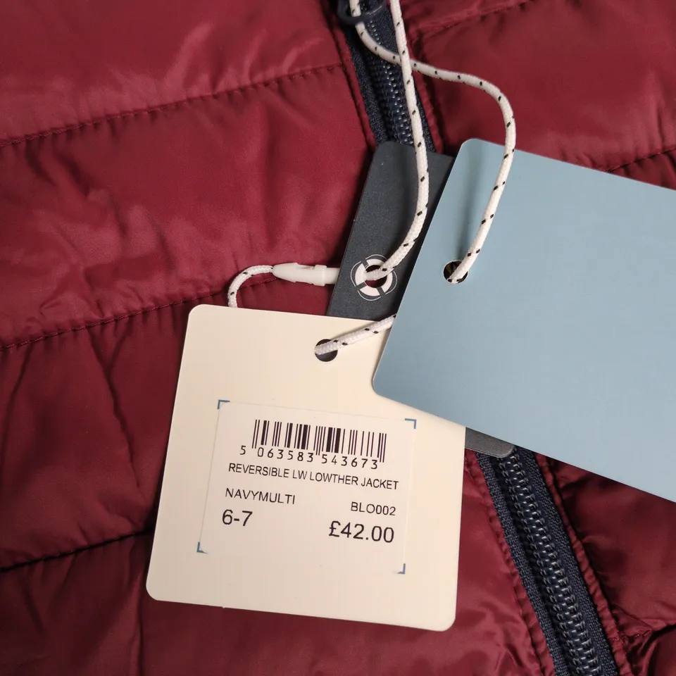 CREW CLOTHING COMPANY UK 6-7 REVERSIBLE PUFFER JACKET – BURGUNDY OUTSIDE, NAVY INTERIOR 
