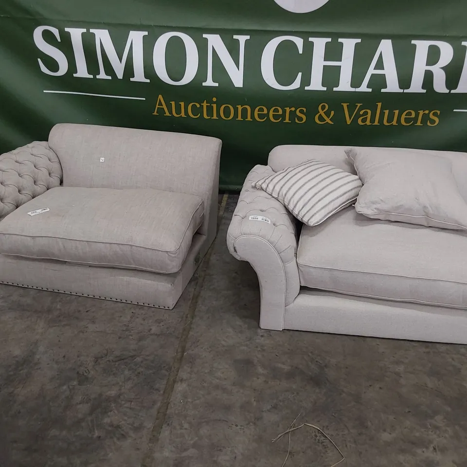 TWO RH CHESTERFIELD TWO SEATER SECTIONS NATURAL FABRIC 