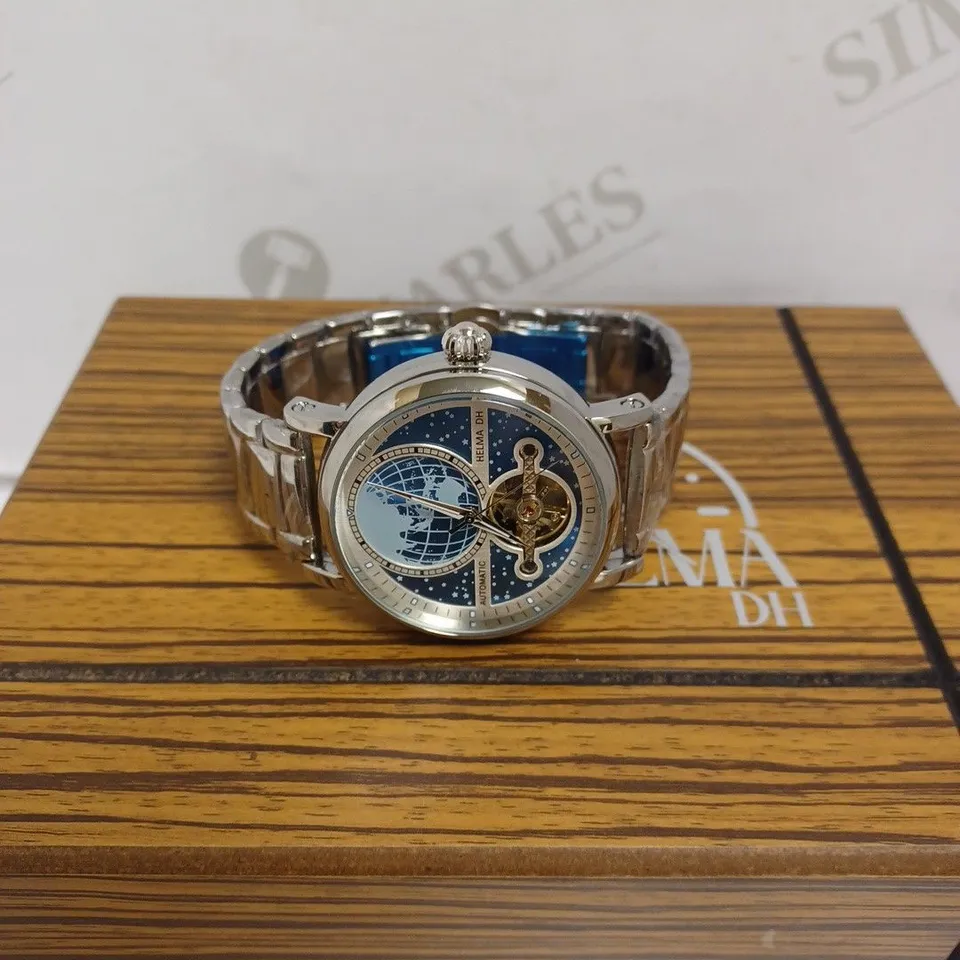 MENS HELMA DH AUTOMATIC WATCH – WORLD VIEW DIAL – OPEN HEART MOVEMENT WITH GLASS EXHIBITION BACK CASE – STAINLESS STEEL STRAP – LUXURY GIFT BOX INCLUDED