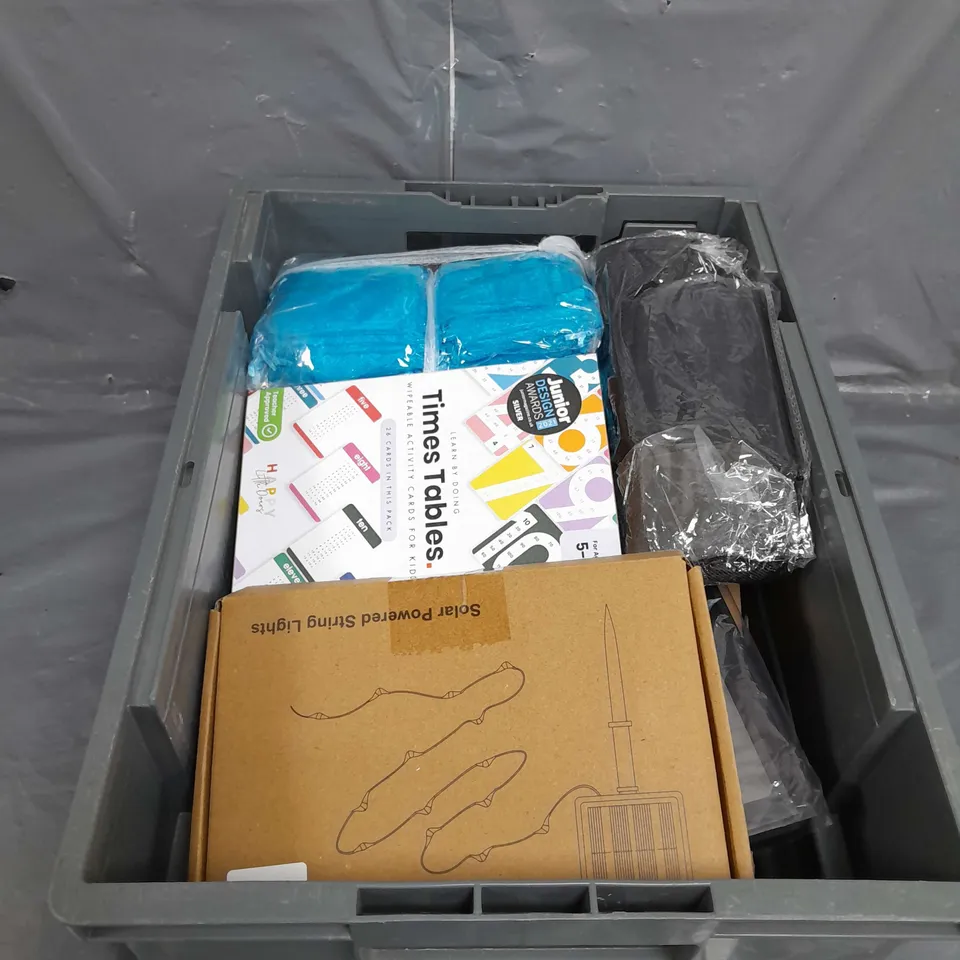 TOTE OF APPROX 10 HOUSEHOLD ITEMS TOO INCLUDE TIMES TABLES KIT TRAVEL BOOK , SOLAR POWERED STRING LIGHTS  , ETC. 