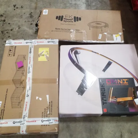 PALLET CONTAINING ASSORTED PRODUCTS INCLUDING DOG GATE, DARTS AUTO SCORING SYSTEM, FITNESS TRAMPOLINE & CEILING FAN LIGHT