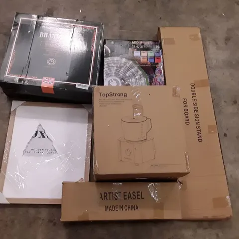 PALLET OF ASSORTED PRODUCTS INCLUDING ARTIST EASEL, MULTIFUNCTIONAL FOOD PROCESSOR, WOODEN POSTER, DOUBLE SIDE SIGN STAND, LED ROPE LIGHT, PEDESTAL FAN