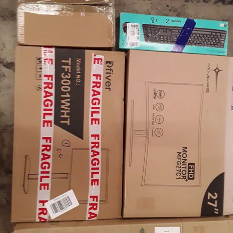 PALLET TO CONTAIN AN ASSORTMENT OF HOUSEHOLD ITEMS TO INCLUDE TV STAND, WIRELESS KEYBOARDS AND MOUSE, EV CHARGER AND MONITORS ECT