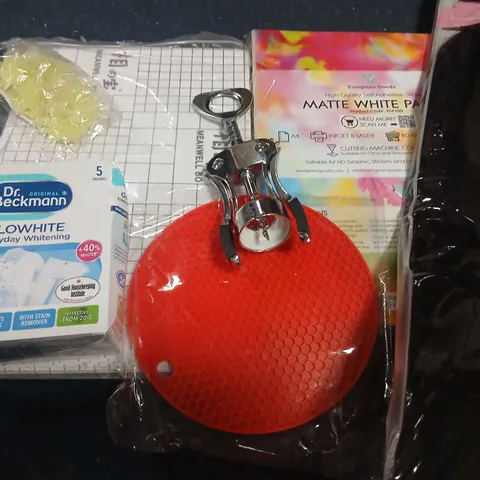 ASSORTED SMALL ITEMS BUNDLE: DR. BECKMANN GLOWWHITE KIT, RED SILICONE SCRUBBER, HAIR PRODUCT PACKAGING