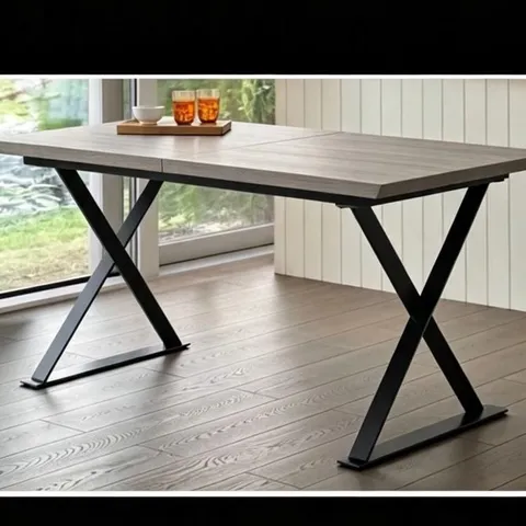 BOXED DANETTI NALA 6-8 SEATER EXTENDING DINING TABLE LIGHT GREY OAK VENEER WITH BLACK METAL LEGS (2 BOX)