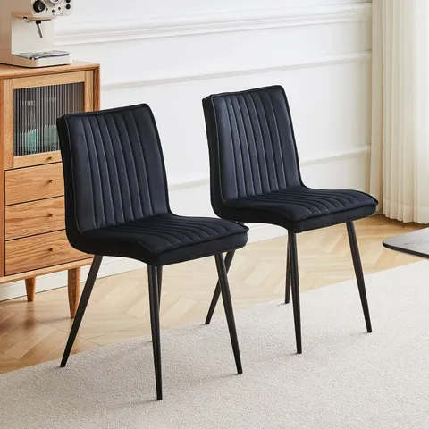 BOXED PAIR OF BLACK FABRIC UPHOLSTERED SOFT VELVET SIDE/DINING CHAIRS 