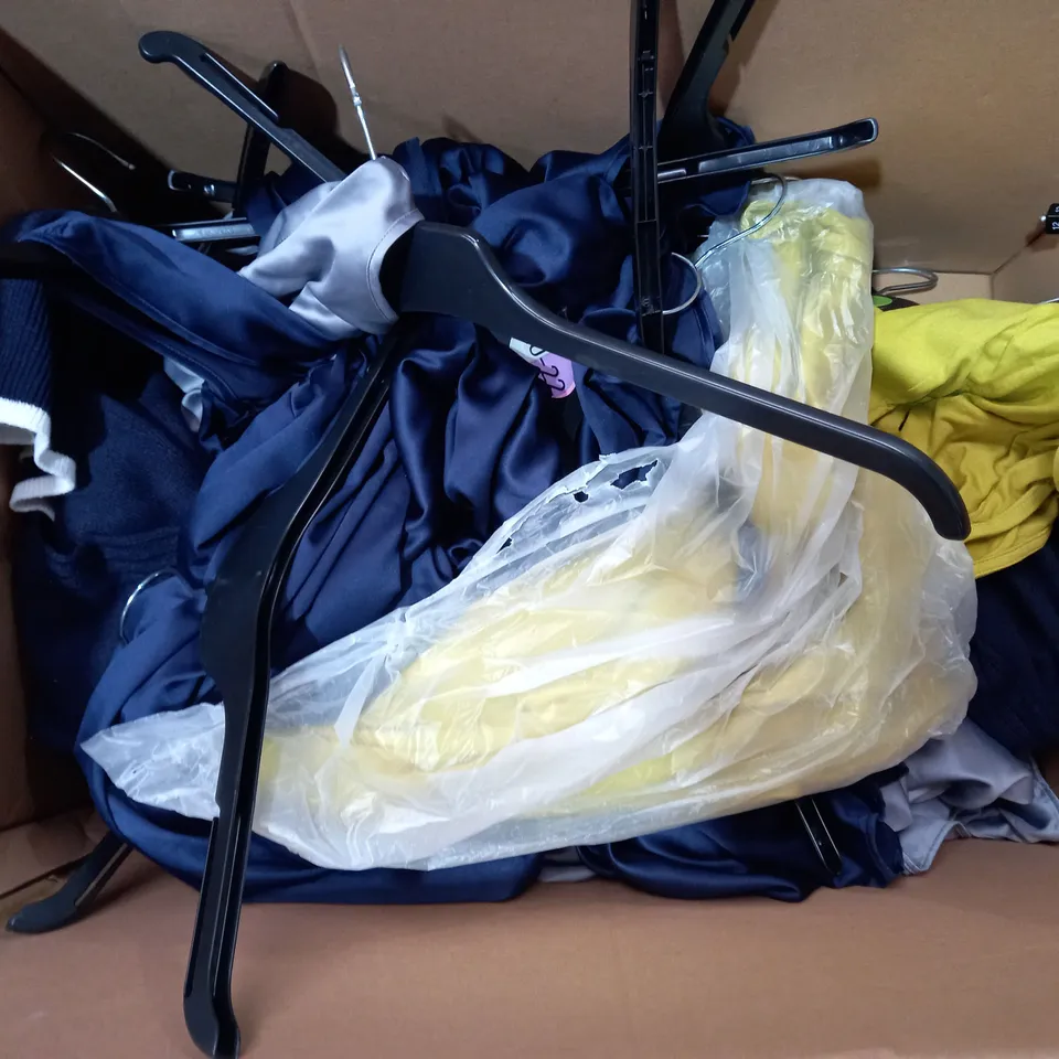 BOX OF ASSORTED CLOTHING ITEMS TOO INCLUDE TOPS DRESSES AND TROUSERS 