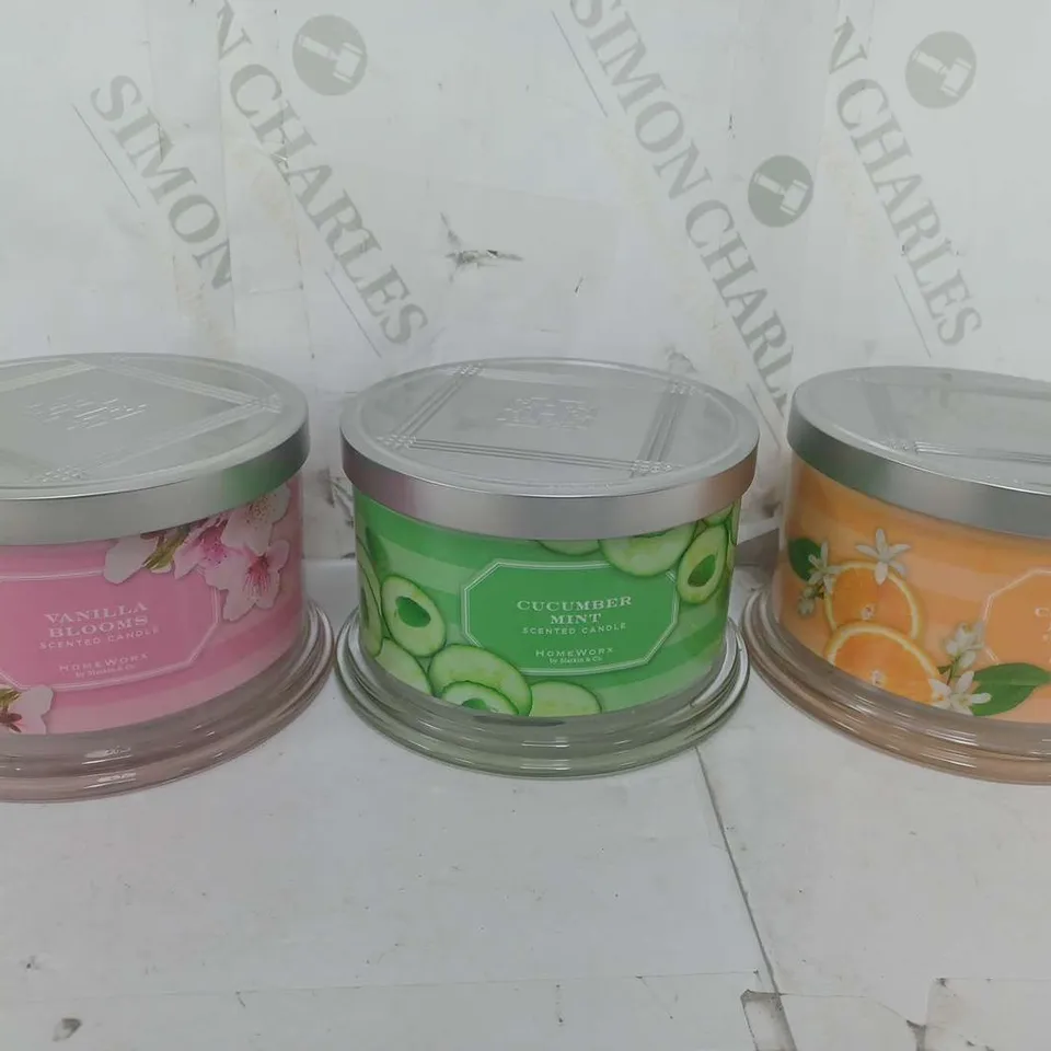 3 HOMEWORX CANDLES TO INCLUDE CUCUMBER MINT, VANILLA BLOOMS, CLEMENTINE BLOSSOM