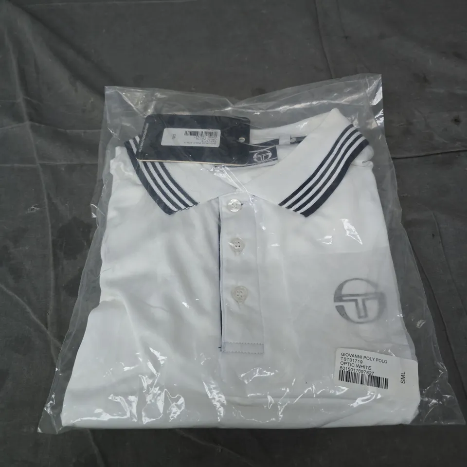 SERGIO TACCHINI GIOVANNI POLY POLO SHIRT – OPTIC WHITE WITH NAVY COLLAR, SIZE SML