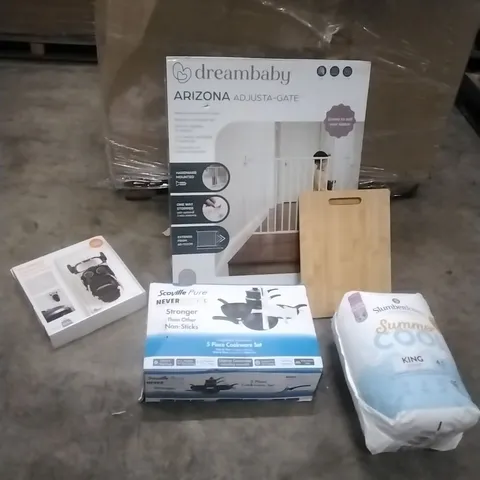 PALLET TO CONTAIN HOUSEHOLD GOODS INCLUDING; SCOVILKE NOT STICK PAN SET, OVER THE DOOR STORAGE, CHOPPING BOARDS, ADJUSTABLE GATE, KING SIZE DUVET