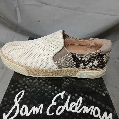 SAM EDELMAN BANKS SLIP-ON ESPADRILLE SNEAKERS – BEIGE PERFORATED UPPER, SNAKESKIN HEEL, EU 37
