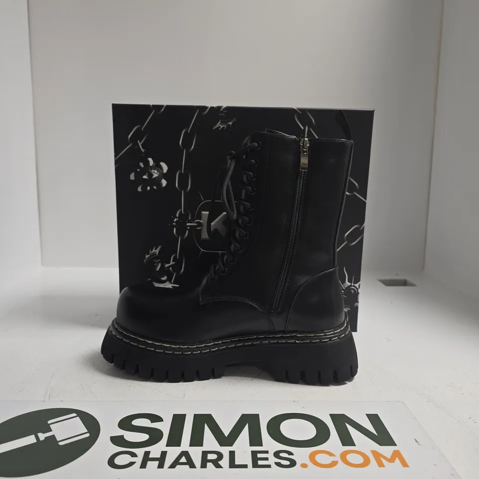 KOI ARASAKA DOUBLE RAN MILITARY BLACK LEATHER COMBAT BOOTS WITH LUG SOLE – LACE UP WITH SIDE ZIP UK SIZE 6