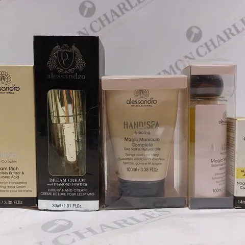 BOX OF APPROX 20 ASSORTED ALESSANDRO PRODUCTS TO INCLUDE REGENERATING HAND CREAM, MAGIC MANICURE COMPLETE, CUTICLE REMOVER, ETC 
