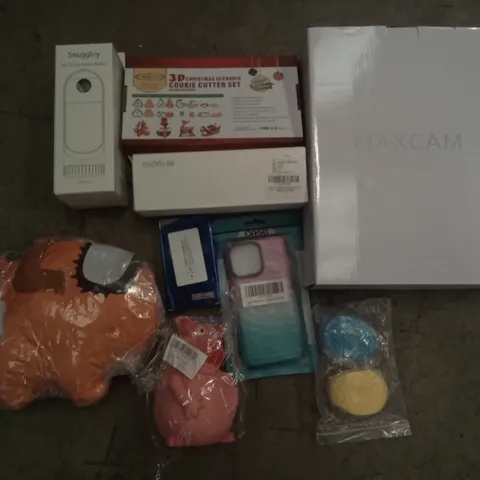 PALLET OF ASSORTED ITEMS INCLUDING MAXCAM STORAGE CASE, SNUGGLEY PET TRAVEL WATER BOTTLE, COOKIE CUTTER SET, DOG TOY, AUTO CORD WINDER WIRE, TEETH WHITENING STRIPES