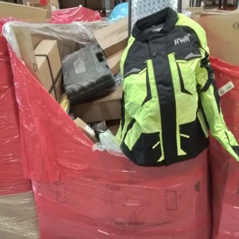 PALLET CONTAINING VARIOUS ASSORTED HOUSEHOLD ITEMS TO INCLUDE: KITCHEN MIXER TAP SET, PICTURE FRAME, FOOT STOOL, MOTORCYCLE JACKETS AND LOTS MORE UNMARKED BOXED ITEMS 