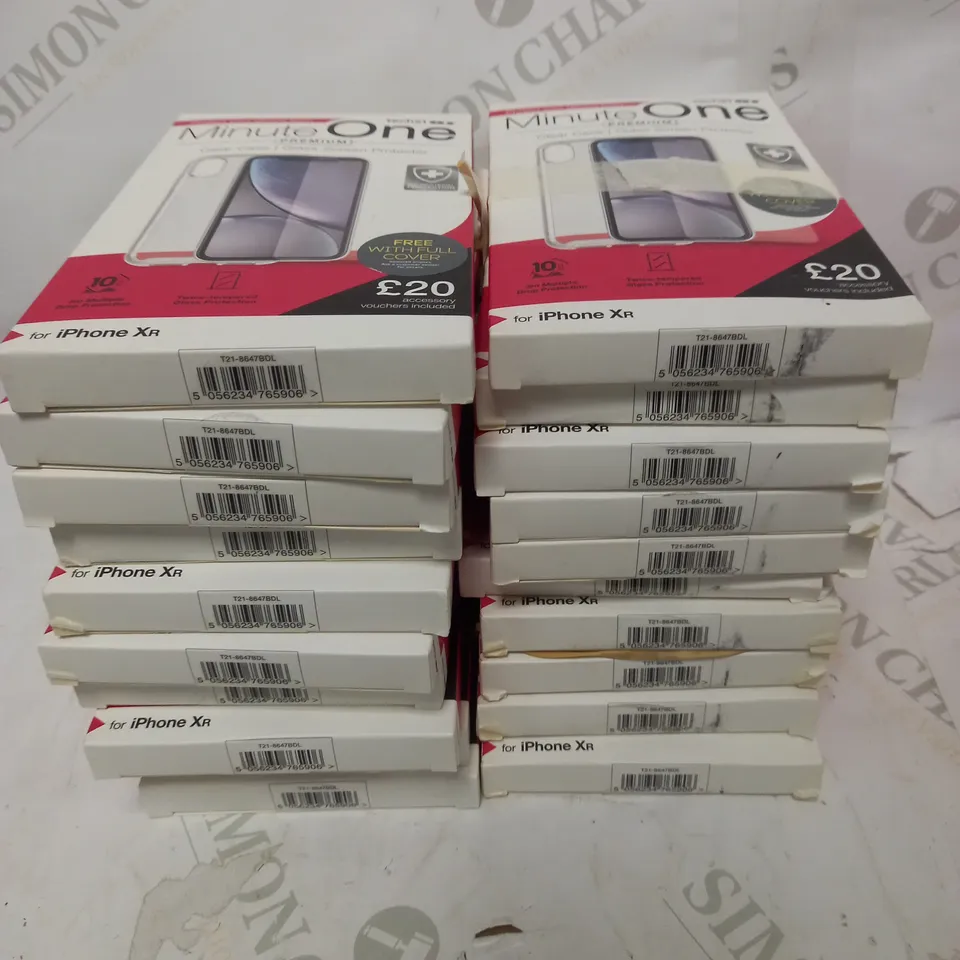 BOX OF 20 MINUTE ONE CLEAR CASE & SCREEN PROTECTOR KITS FOR IPHONE XR	