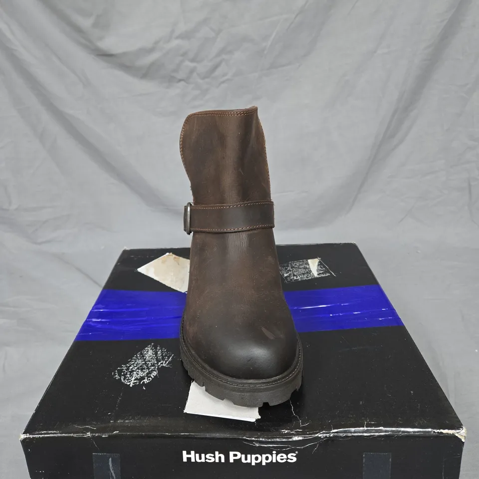 HUSH PUPPIES BROWN LEATHER ANKLE BOOT – BUCKLE STRAP. UK SIZE 5