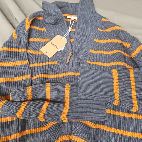 BRAKEBURN KNIT CARDIGAN – NAVY WITH ORANGE STRIPES, WOMEN'S SIZE 14