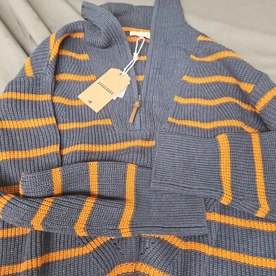 BRAKEBURN KNIT CARDIGAN – NAVY WITH ORANGE STRIPES, WOMEN'S SIZE 14
