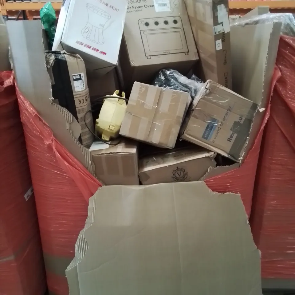 PALLET CONTAINING MIXED BOXED HOUSEHOLD ITEMS TO INCLUDE: AIR FRYER OVEN, YONI STEAM SET, AND LOTS MORE UNMARKED BOXED ITEMS 