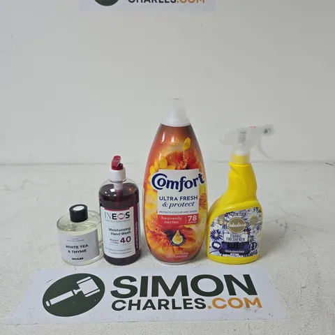TOTE OF APPROXIMATELY 12 HOUSEHOLD LIQUIDS TO INCLUDE COMFORT FABRIC CONDITIONER, FABULOSA FABRIC FRESHENER AND INEOS MOISTURISING HAND WASH