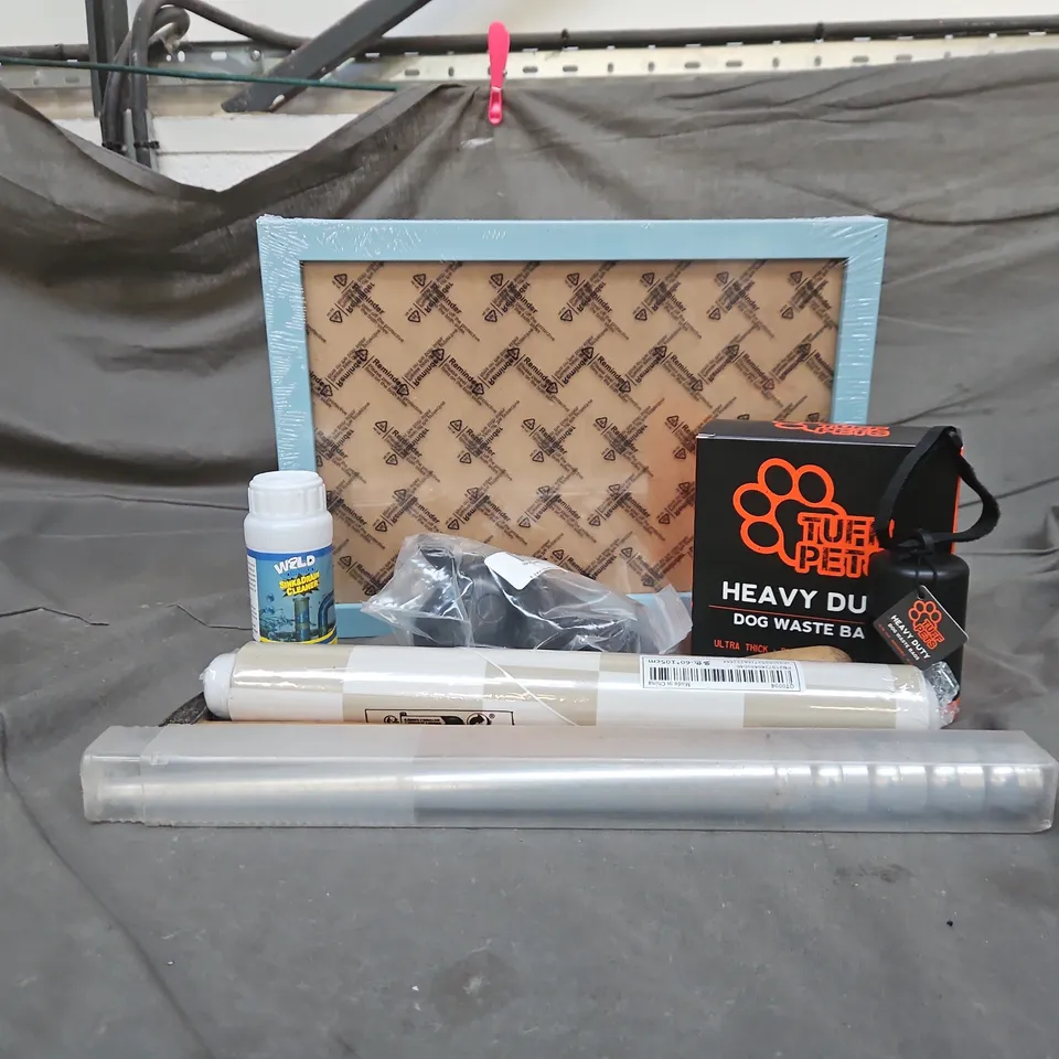 APPROXIMATELY 12 ASSORTED HOUSEHOLD ITEMS TO INCLUDE TUFF PETS DOG WASTE BAGS, SINK & DRAIN CLEANER, WALLPAPER, ETC