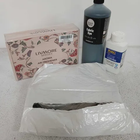 APPROXIMATELY 15 ASSORTED HOUSEHOLD ITEMS TO INCLUDE SCRATCH DOCTOR FABRIC DYE, LIVMORE AROMA AIR FRESHENER, RUSTINS TOUGH AS PLASTIC COATING, ETC