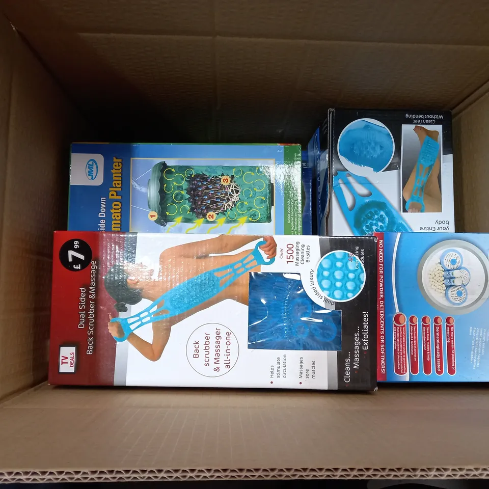 BOX OF ASSORTED ITEMS SET TO INCLUDE TOMATO PLANTER, BACK MASSAGER, LAUNDRY BALLS ETC