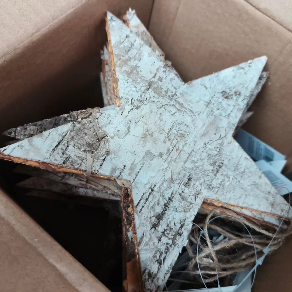 APPROXIMATELY 84 GISELA GRAHAM STAR HANGING ORNAMENTS – RUSTIC WHITE CRACKLED FINISH