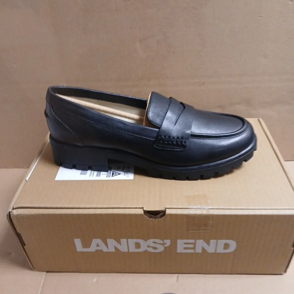 BOXED PAIR OF LANDS' END WOMEN'S LEATHER LOAFERS – BLACK, UK 6.5 